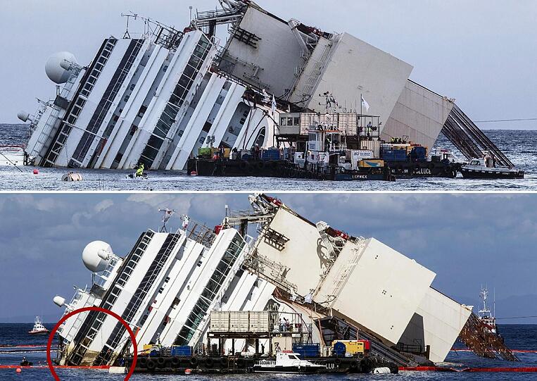 Der Bergungseinsatz am havarierten 
Kreuzfahrtschiff &bdquo;Costa Concordia&ldquo; hat sich am Montag deutlich 
verzögert. Die Aufrichtung des Schiffs vor der italienischen Insel 
Giglio werde voraussichtlich erst am Dienstag im Morgengrauen 
abgeschlossen sein. Die Bilder!
