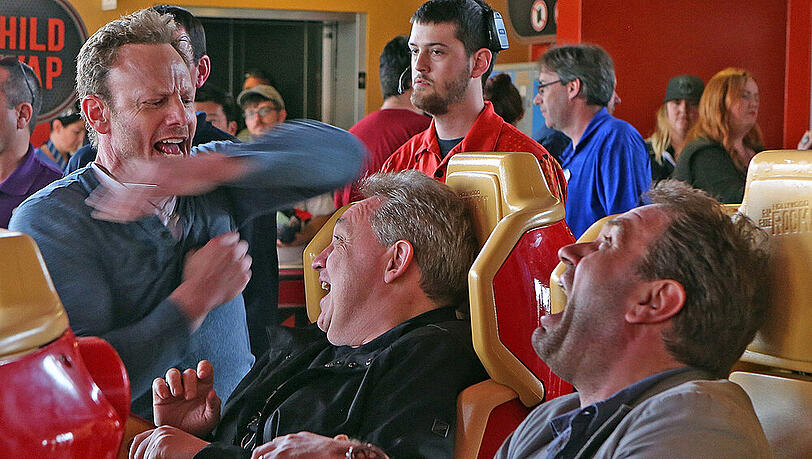 Die beiden Tele-5-Kritiker Oliver Kalkofe und Peter Rütten neben Schauspieler Ian Ziering (l.) in "Sharknado 3" Die beiden Tele-5-Kritiker Oliver Kalkofe und Peter Rütten neben Schauspieler Ian Ziering (l.) in "Sharknado 3"