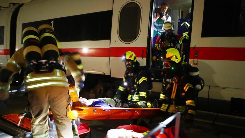 Einsatzkräfte retten bei einer Notfallübung "Verletzte" aus einem ICE-Zug im Fleckberg-Tunnel. Foto: Bodo Schackow Einsatzkräfte retten bei einer Notfallübung "Verletzte" aus einem ICE-Zug im Fleckberg-Tunnel. Foto: Bodo Schackow