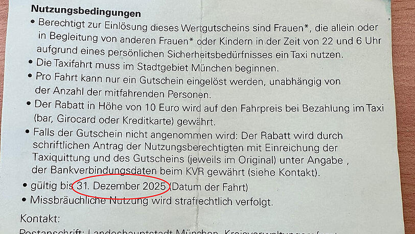 Die aktuellen Taxi-Gutscheine haben eine Gültigkeit bis 31. Dezember 2025. Die aktuellen Taxi-Gutscheine haben eine Gültigkeit bis 31. Dezember 2025.