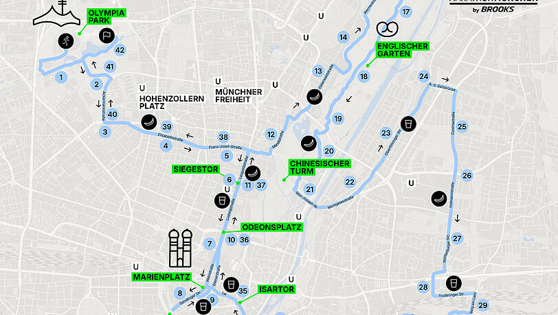 So verläuft die Route des diesjährigen München-Marathons. Start und Ziel sind jeweils im Olympiapark. So verläuft die Route des diesjährigen München-Marathons. Start und Ziel sind jeweils im Olympiapark.