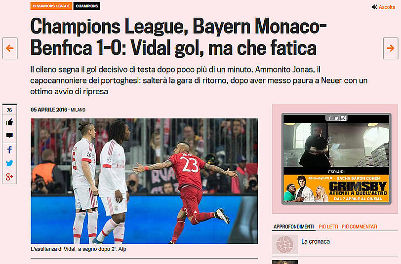 Das italienische Fachblatt "La Gazzetta dello Sport" schreibt: "Vidal-Tor, aber welche Mühe!"