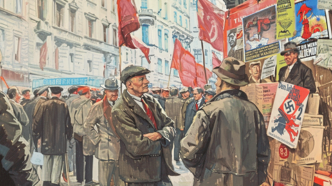 Eines der in der Ausstellung gezeigten Motive: ein KI-generiertes Bild der Straßen in der Weimarer Republik. Stilistisch ist es an die Werke des von den Nazis als "entarteter" Künstler verunglimpften Otto Dix angelehnt.