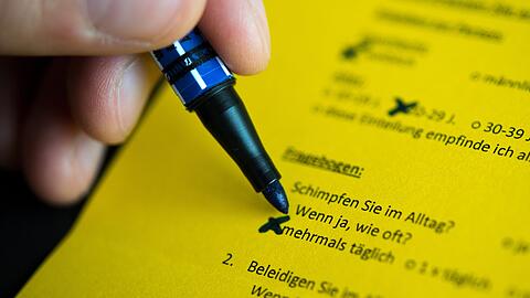 Eine Frau füllt in der Zentralbibliothek einen Umfragebogen zum Thema «Schimpfen und beleidigen» aus. Ein Sonderforschungsbereich der Technischen Universität Dresden befasst sich mit Beschimpfungen, Hate-Speech und Herabsetzungen. Am 12. April stellen die Fachleute den Dresdnern ihr Vorhaben in der Zentralbibliothek vor.