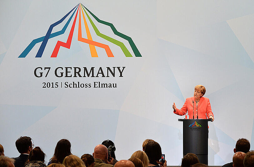 Bundeskanzlerin Angela Merkel bei der Abschluss-PK nach dem G7-Gipfel.