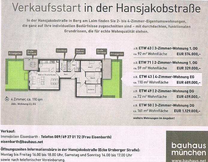 Saftige Preise: Laut dieser Bautafel sind die Normalverdiener eher nicht die Zielgruppe dieses Bauvorhabens in der Hansjakobstraße.