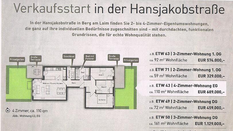 Saftige Preise: Laut dieser Bautafel sind die Normalverdiener eher nicht die Zielgruppe dieses Bauvorhabens in der Hansjakobstraße. Saftige Preise: Laut dieser Bautafel sind die Normalverdiener eher nicht die Zielgruppe dieses Bauvorhabens in der Hansjakobstraße.