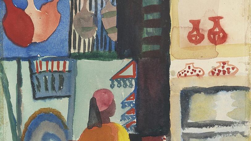 Intensive Farbigkeit und die Dominanz der Ornamentik sind das Ergebnis der Tunisreise - hier August Mackes "Händler mit Krügen" von 1914. Intensive Farbigkeit und die Dominanz der Ornamentik sind das Ergebnis der Tunisreise - hier August Mackes "Händler mit Krügen" von 1914.
