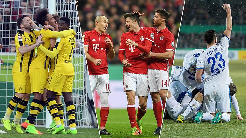 Auf wen trifft der FC Bayern (m.) im Halbfinale des DFB-Pokals? Dauerrivale Borussia Dortmund (l.) oder Favoritenschreck Sportfreunde Lotte?