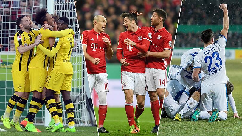 Auf wen trifft der FC Bayern (m.) im Halbfinale des DFB-Pokals? Dauerrivale Borussia Dortmund (l.) oder Favoritenschreck Sportfreunde Lotte? Auf wen trifft der FC Bayern (m.) im Halbfinale des DFB-Pokals? Dauerrivale Borussia Dortmund (l.) oder Favoritenschreck Sportfreunde Lotte?