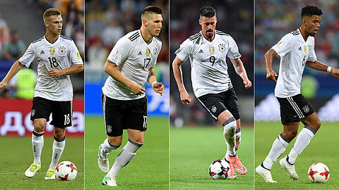 Wer darf mit zur WM 2018 in Russland? Die deutschen Nationalspieler Joshua Kimmich ("sicherer WM-Fahrer"), Niklas Süle ("in WM-Form"), Sandro Wagner ("Wackelkandidat") und Benjamin Henrichs ("Außenseiter-Chancen" - von links).