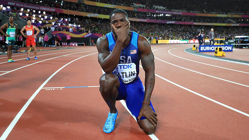 5. August 2017: Justin Gatlin nach seinem Sieg im 100-Meter-Finale der Männer bei der WM in London. 5. August 2017: Justin Gatlin nach seinem Sieg im 100-Meter-Finale der Männer bei der WM in London.