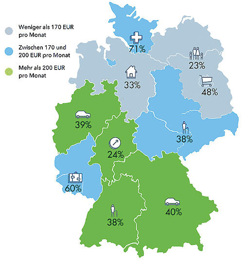 Wer spart in Deutschland wie viel und wofür: Diese Karte zeigt jeweils die Besonderheiten der einzelnen Bundesländer, etwa dass nirgendwo sonst sich so viele ein Auto wünschen wie in Bayern.