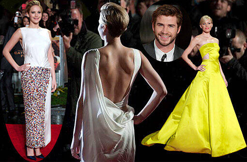 Zur Weltpremiere des zweiten Films der "Tribute von Panem - Catching Fire" kam Oscar-Preisträgerin Jennifer Lawrence in einer weißen Seidenrobe von Dior. Natürlich nicht fehlen durften die Schauspieler Liam Hemsworth und Elizabeth Banks (r.).