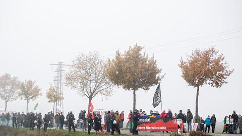 Gegendemonstranten haben sich auf einer Landstraße versammelt.