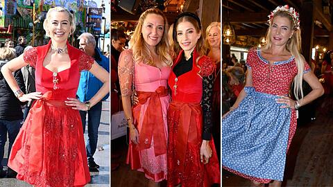 Auf der "Ladies Red Wiesn" sind rote Dirndl zwar keine Pflicht, aber gerne gesehen und getragen, wie Verena Kerth, Simone Mecky-Ballack, Cathy Hummels und Giulia Siegel unter Beweis stellen.