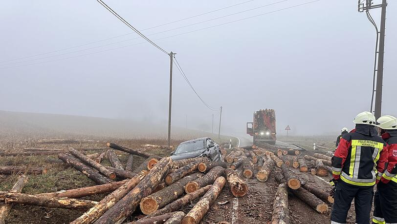 Die Holzstämme rollten über Fahrbahn und Bankett und trafen unter anderem einen Wagen im Gegenverkehr. (Symbolbild) Die Holzstämme rollten über Fahrbahn und Bankett und trafen unter anderem einen Wagen im Gegenverkehr. (Symbolbild)