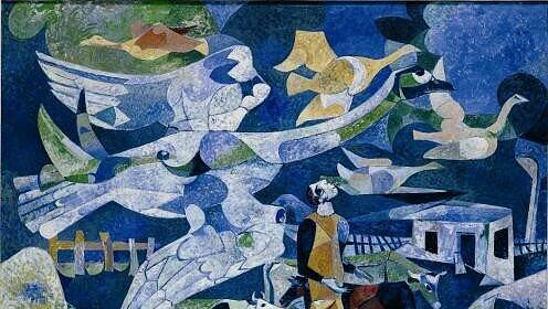 Heinrich Campendonks Ölbild "Gänseflug", um 1950, erinnert an Glasfenster. Heinrich Campendonks Ölbild "Gänseflug", um 1950, erinnert an Glasfenster.