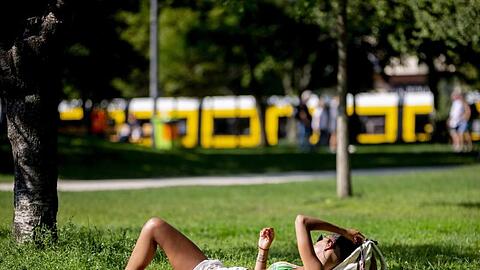 Eine Frau liegt im Berliner Monbijoupark in der Sonne.