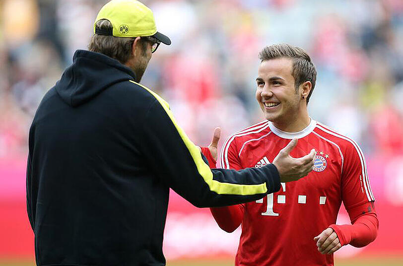 Jürgen Klopp (l.) und Mario Götze. Der Liverpool-Trainer und der Bayern-Star kennen sich gut aus gemeinsamen Dortmunder Zeiten.