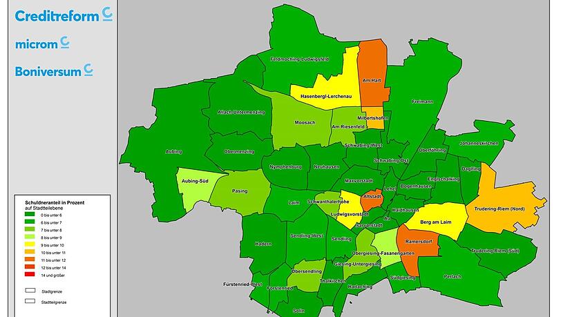 In den rot gefärbten Stadtteilen ist die Überschuldungsquote überdurchschnittlich hoch – wie in der Altstadt (wo viele arme Senioren und auch Wohnungslose leben), in Ramersdorf und Am Hart. In den rot gefärbten Stadtteilen ist die Überschuldungsquote überdurchschnittlich hoch – wie in der Altstadt (wo viele arme Senioren und auch Wohnungslose leben), in Ramersdorf und Am Hart.