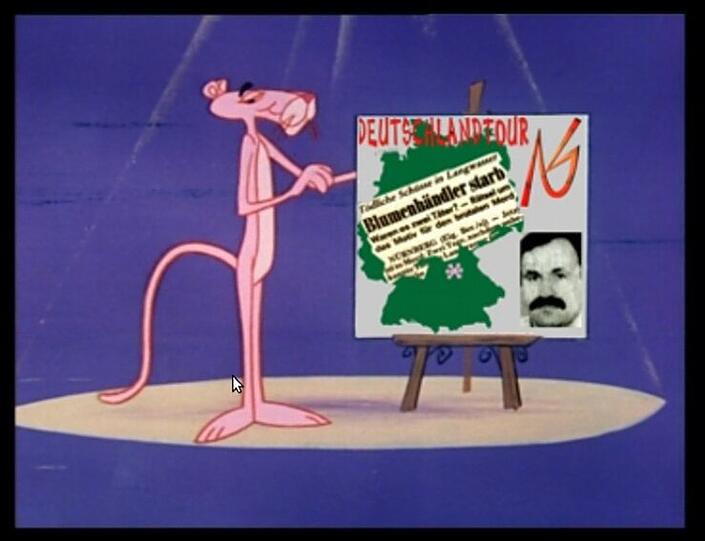 Der Screenshot zeigt einen Ausschnitt aus dem Video des Nationalsozialistischen Untegrundes (NSU): In dem Film mit der Trickfilmfigur "Paulchen Panther" werden Fotos der Mordopfer der vergangenen Jahre gezeigt, zu denen sich die Terrorgruppe bekannte.