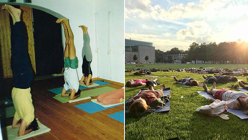 Yoga macht sich in München: Links ein frühes Bild vom Iyengar-Yoga im Kellerstudio von Michael Forbes, rechts aktuelles Pop-up-Yoga unter freiem Himmel. Yoga macht sich in München: Links ein frühes Bild vom Iyengar-Yoga im Kellerstudio von Michael Forbes, rechts aktuelles Pop-up-Yoga unter freiem Himmel.