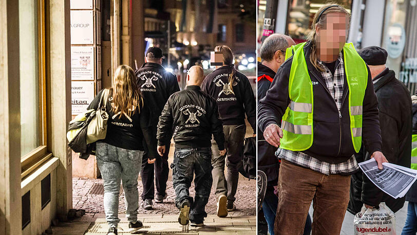 Mitglieder der rechten Gruppe Wodans Erben gehen am 12. Oktober 2019 durch Münchens Innenstadt – hier in der Pacellistraße nahe des Bayerischen Hofs. Einer von ihnen, Frank H. (4.v.l. und rechts), wurde am Freitag festgenommen und sitzt in U-Haft. Mitglieder der rechten Gruppe Wodans Erben gehen am 12. Oktober 2019 durch Münchens Innenstadt – hier in der Pacellistraße nahe des Bayerischen Hofs. Einer von ihnen, Frank H. (4.v.l. und rechts), wurde am Freitag festgenommen und sitzt in U-Haft.