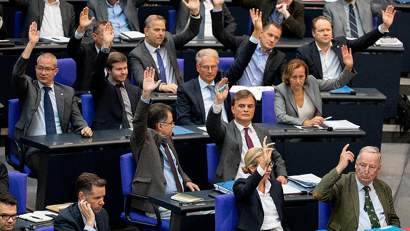Die Fraktion der AfD mit Alice Weidel (vorne Mitte), Fraktionsvorsitzende der AfD, und Alexander Gauland (rechts), Fraktionsvorsitzender der AfD, bei einer Abstimmung in einer Plenarsitzung im Deutschen Bundestag.