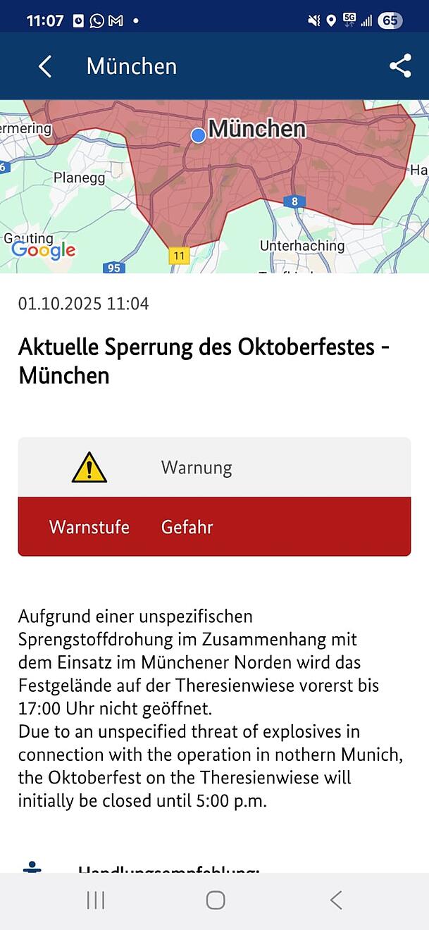 Gegen 11 Uhr schrillten rund um die Theresienwiese die Handys, diese Warnung ging raus.