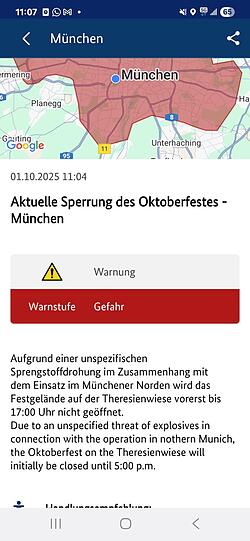 Gegen 11 Uhr schrillten rund um die Theresienwiese die Handys, diese Warnung ging raus.