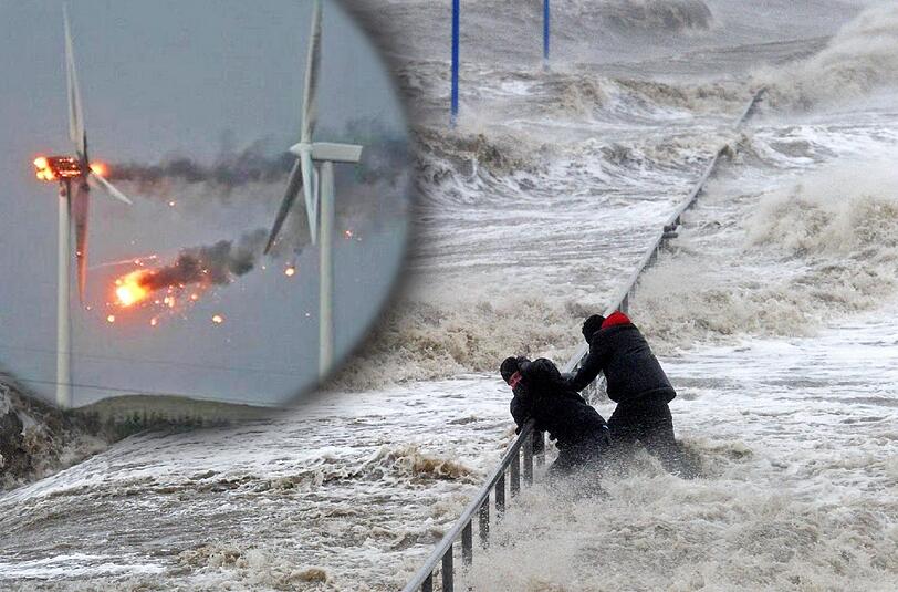 Das Orkantief "Xaver" hat die Küste mit voller Wucht erreicht: Zwei Männer halten sich überfluteten Fähranleger in Dagebüll (Schleswig-Holstein) an einem Geländer fest. Auf Twitter wurde ein Foto aus Schottland gepostet, das ein brennendes Windrad zeigt.