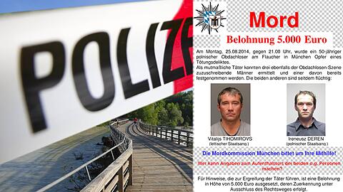 Die mutmaßlichen Täter Vitalijs TIHOMIROVS (linkes Bild) und Ireneusz DEREN befinden sich weiter auf der Flucht. Die Polizei hat ein Fahndungsplakat veröffentlicht.