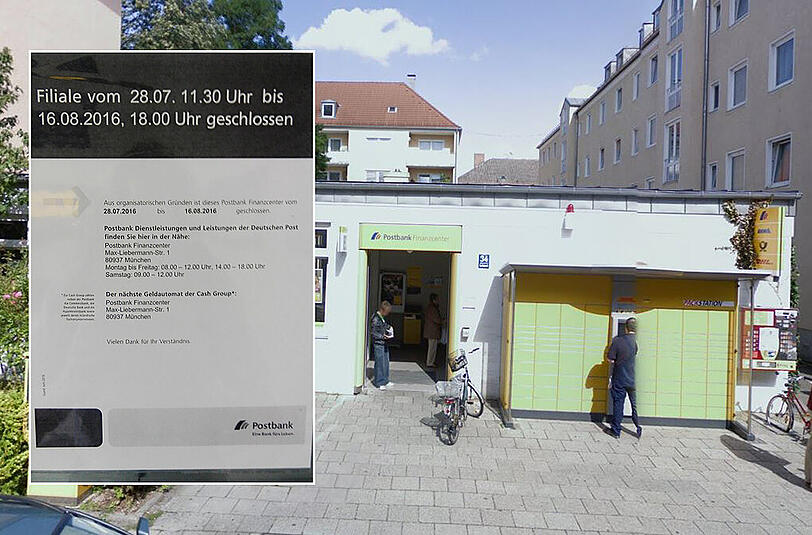 Die Postfiliale in der Korbinianstraße 34. Kleines Bild: Der Aushang am Eingang, der auf die über zweiwöchige Schließung hinweist.