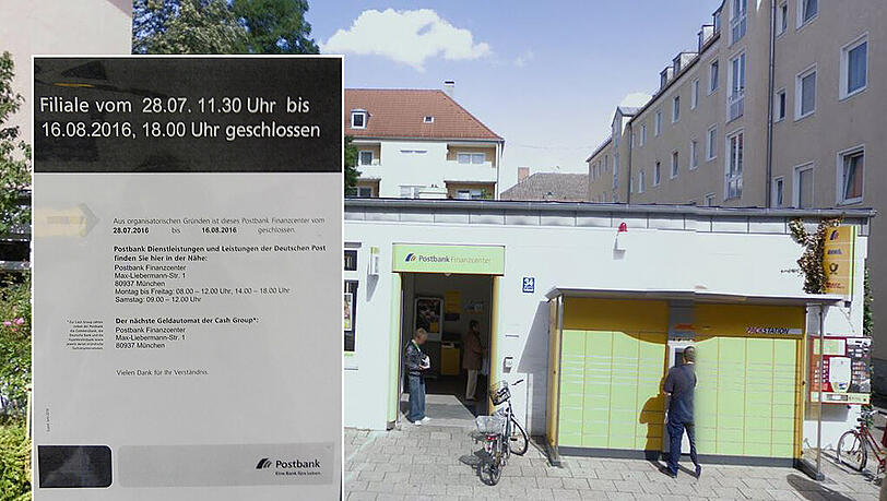 Die Postfiliale in der Korbinianstraße 34. Kleines Bild: Der Aushang am Eingang, der auf die über zweiwöchige Schließung hinweist. Die Postfiliale in der Korbinianstraße 34. Kleines Bild: Der Aushang am Eingang, der auf die über zweiwöchige Schließung hinweist.