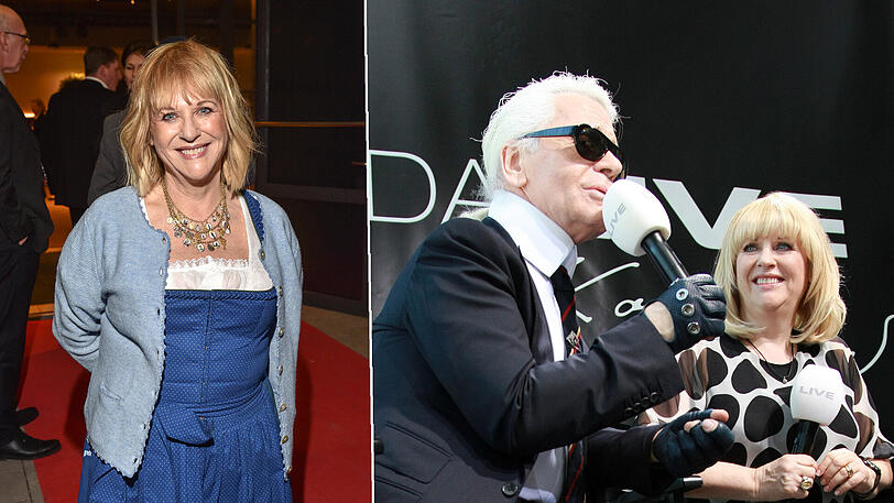 Fesch im Dirndl: Patricia Riekel bei der Salvatorprobe. Rechts ist die ehemalige "Bunte"-Chefin 2008 mit Modedesigner Karl Lagerfeld (&dagger;) zu sehen.