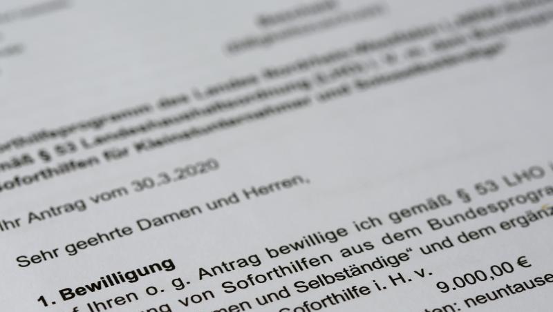 Ein Bewilligungsbescheid der Corona-Soforthilfe. Ein Bewilligungsbescheid der Corona-Soforthilfe.