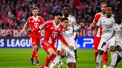 Jamal Musiala im Einsatz f&uuml;r den FC Bayern gegen Real Madrid.