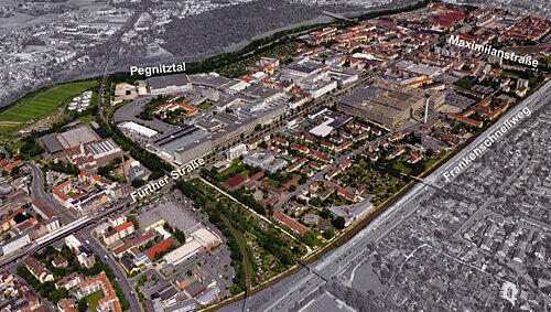 Das Stadterneuerungsgebiet im Nürnberger Westen: Links und rechts der Fürther Straße sind das AEG-Gelände und das Quelle-Zentrum zu sehen. Das Stadterneuerungsgebiet im Nürnberger Westen: Links und rechts der Fürther Straße sind das AEG-Gelände und das Quelle-Zentrum zu sehen.