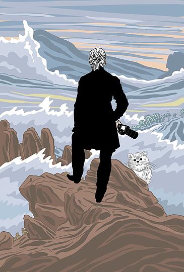 Lagerfeld hat Historisches virtuos neu interpretiert - Simon Schwartz bringt das mit Caspar David Friedrichs „Wanderer über dem Nebelmeer“ famos zum Ausdruck. Kamera und Katze Choupette sind natürlich auch dabei.