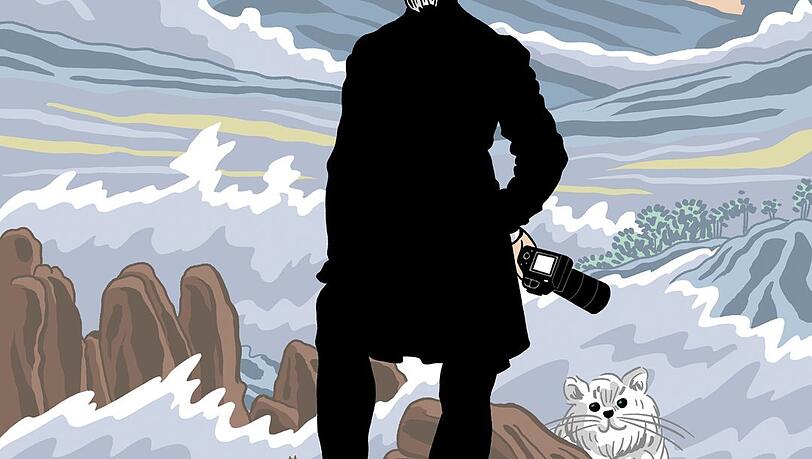 Lagerfeld hat Historisches virtuos neu interpretiert - Simon Schwartz bringt das mit Caspar David Friedrichs „Wanderer über dem Nebelmeer“ famos zum Ausdruck. Kamera und Katze Choupette sind natürlich auch dabei.