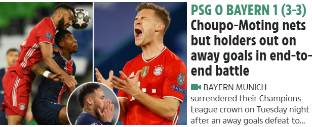 Die britische "Sun" stellt Lewandowski-Ersatz und Ex-PSG-Profi Eric Maxim Choupo-Moting in den Vordergrund: "Choupo-Moting trifft, aber der Titelverteidiger scheitert an den Auswärtstoren."