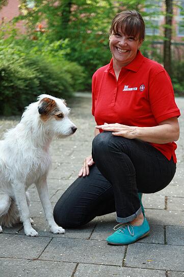 Angela Tang, Koordinatorin der Hunde im Besuchsdienst bei den Johannitern, mit ihrem - gut ausgebildeten - Terrier-Mix Henry.