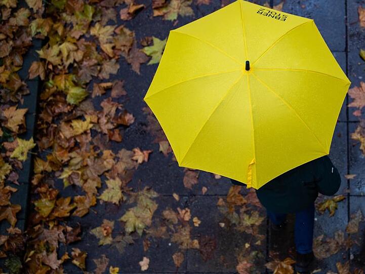 Eine Person läuft mit einem Regenschirm auf einem Gehweg. Foto: Tom Weller/dpa/Archivbild