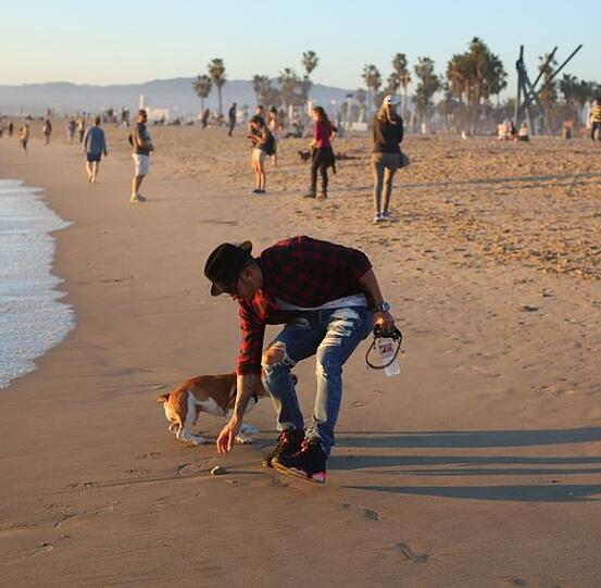 Lewis Hamilton entspannt mit seinem Hund Coco am Strand von Los Angeles