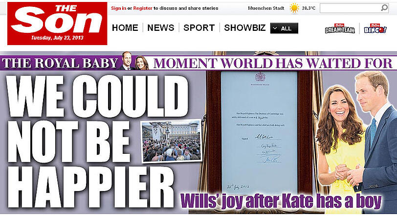 Die britische "Sun" hat sich kurzerhand umbenannt! "The Son" schreibt: "Der Moment auf den die Welt gewartet hat. Wir könnten nicht glücklicher sein. Wills Freude nachdem Kate einen Jungen bekommen hat."