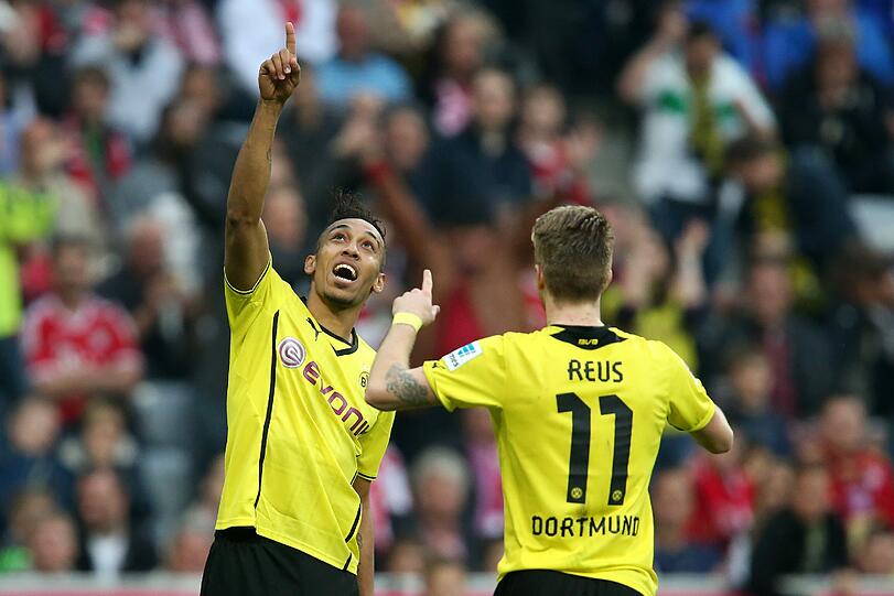 Reus und Aubameyang bejubeln den 3:0-Sieg in München im April 2014. War aber wurscht - Bayern war zu diesem Zeitpunkt schon deutscher Meister.