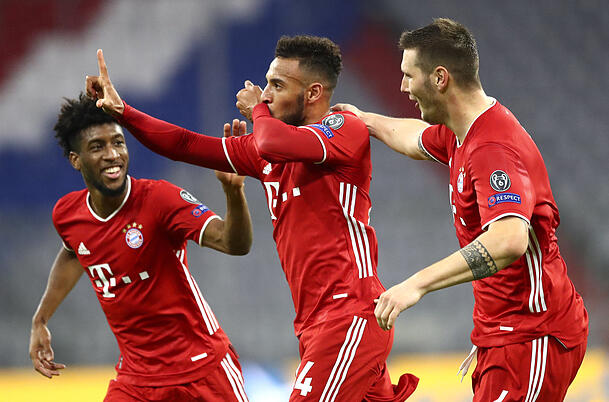 4:0! Die Bayern um Kingsley Coman, Corentin Tolisso und Niklas Süle (von links) feiern den Sieg über Atlético Madrid in der Vorsaison. 4:0! Die Bayern um Kingsley Coman, Corentin Tolisso und Niklas Süle (von links) feiern den Sieg über Atlético Madrid in der Vorsaison.