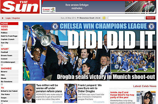 &bdquo;The Sun&ldquo;: &bdquo;Didi did it! Endlich hat ein englisches Team ein
deutsches im Elfmeterschießen besiegt. Die Underdogs von Chelsea
haben sensationell die Champions-League-Trophäe geholt.&ldquo;