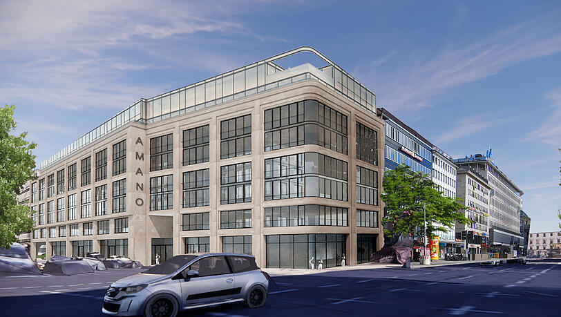 Mit abgerundeter Ecke an der Sonnenstraße 8/Schwanthalerstraße 2 - 6. Der Entwurf für ein neues Hotel fiel bei der Stadtgestaltungskommission durch.